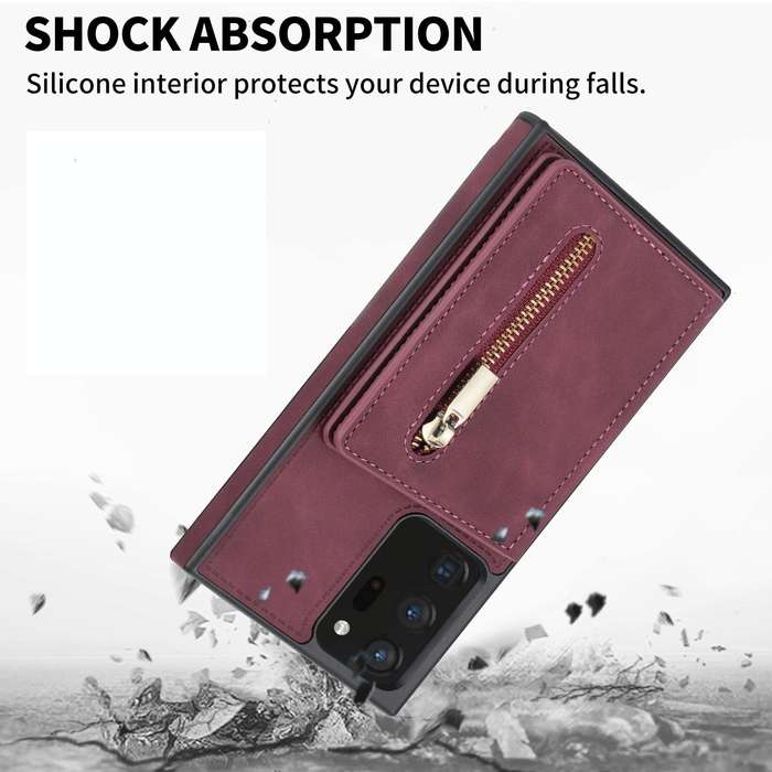 For Samsung Galaxy Note20 Zipper Card Holder Phone Case(Wine Red)