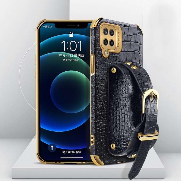 For Samsung Galaxy A12 Electroplated TPU Crocodile Pattern Leather Case with Wrist Strap(Black)