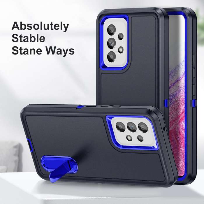 For Samsung Galaxy A53 3 in 1 Rugged Holder Phone Case(Dark Blue+Sapphire Blue)