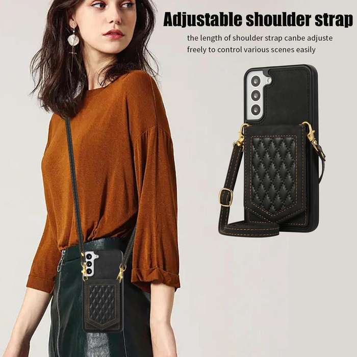 For Samsung Galaxy Note20 Ultra Rhombic Texture RFID Phone Case with Lanyard & Mirror(Black)