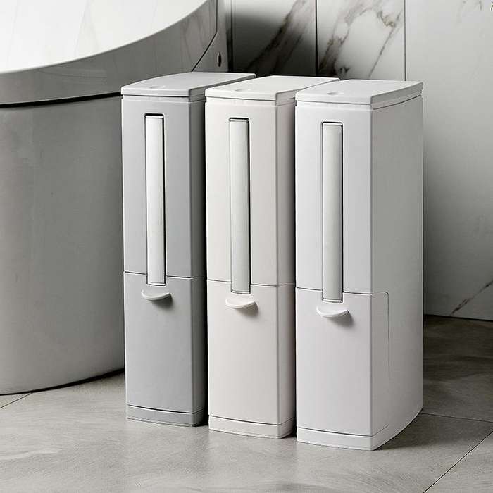 Bathroom Toilet Toilet Brush Integrated Pressing Open Lid Square Trash Can Set with Brush(Ivory W...