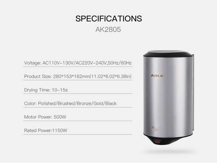 304 Stainless Steel Automatic SensorJet Hand Dryer High Speed Airflow for Home Hotel Airport Hand...
