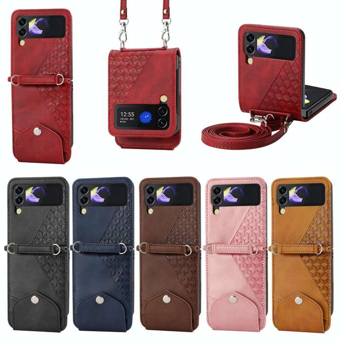 For Samsung Galaxy Z Flip4 Cubic Grid Calf Texture Leather Phone Case with Neck Lanyard(Brown)