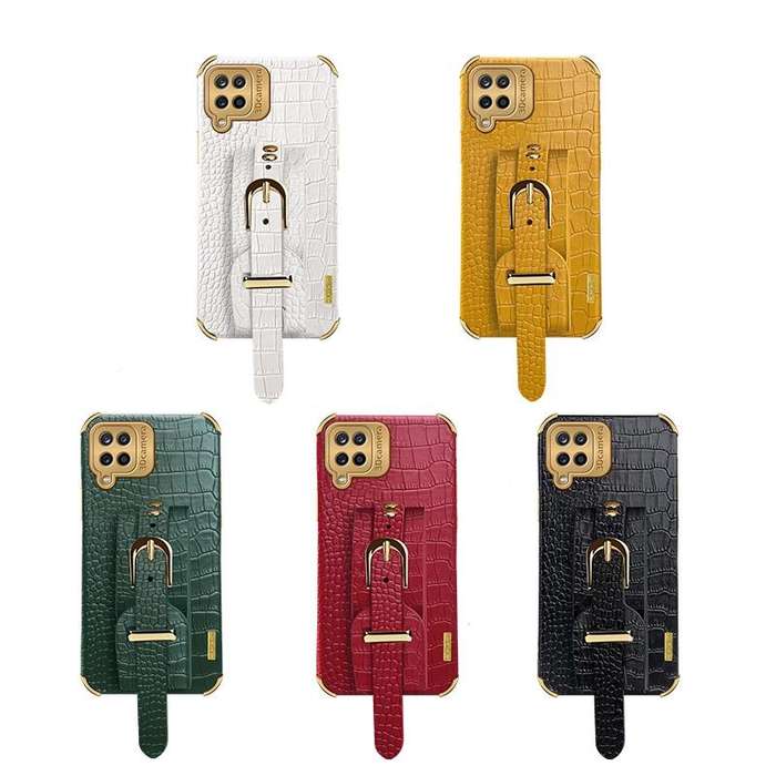 For Samsung Galaxy A12 Electroplated TPU Crocodile Pattern Leather Case with Wrist Strap(Black)