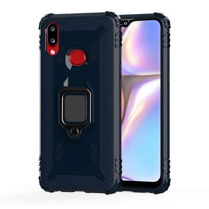 For Galaxy A10s Carbon Fiber Protective Case with 360 Degree Rotating Ring Holder(Blue)