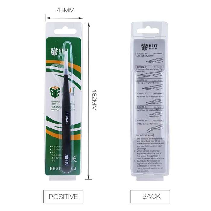 BEST BST-16 Precision Anti-static ESD Stainless Steel Tweezers