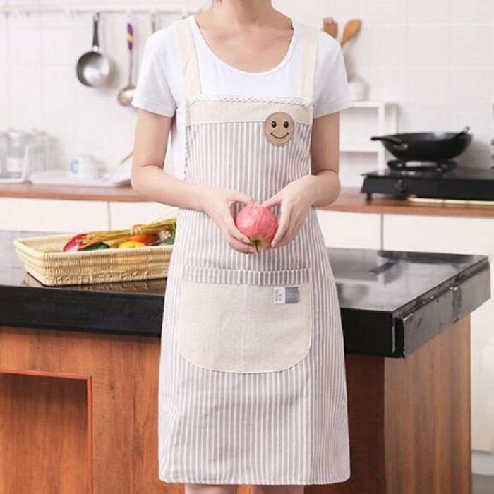 Cotton Linen Smiley Face Design Simple Waterproof Striped Work Apron(Beige)