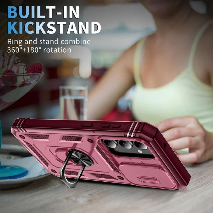 For Samsung Galaxy S23 FE 5G Sliding Camshield TPU + PC Phone Case with Holder(Pink+Rose Red)