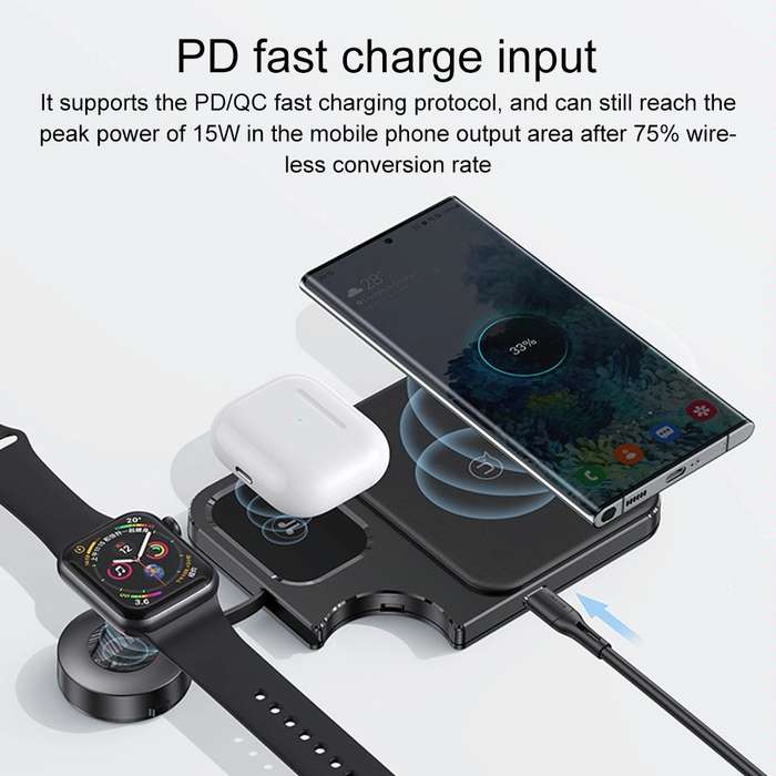 USAMS US-CD190 15W 3 in 1 Multifunctional Desktop Wireless Charger(Black)