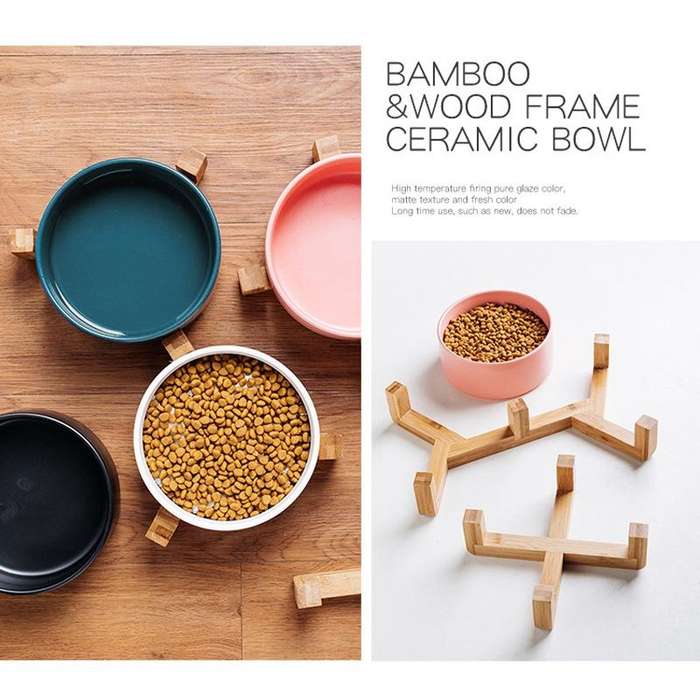 15.5cm/850ml Cat Bowl Dog Pot Pet Ceramic Bowl, Style:Single Bowl With Wooden Stand(Green)
