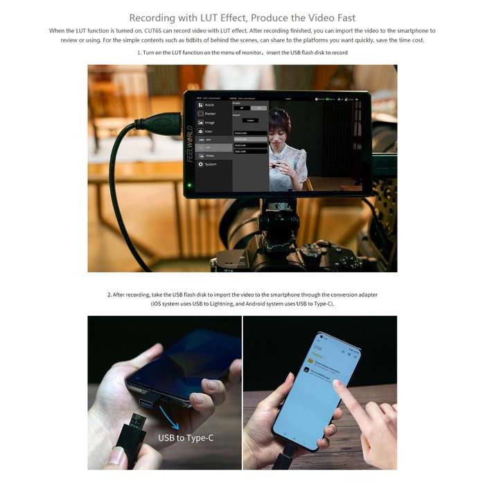 FEELWORLD CUT6S 6-inch Touch Screen Monitor Recorder FHD IPS 4K HDMI 3G-SDI Camera Field Monitor ...