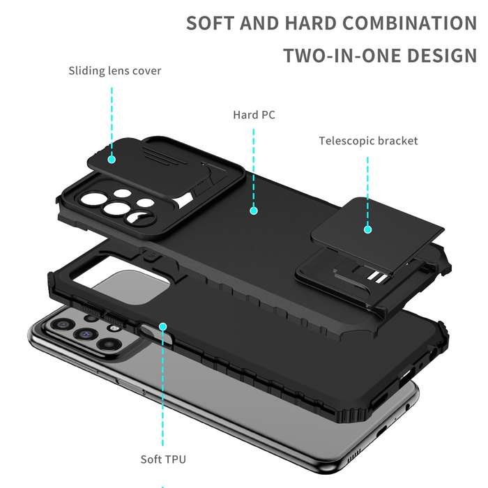 For Samsung Galaxy A23 4G Stereoscopic Holder Sliding Camshield Phone Case(Black)