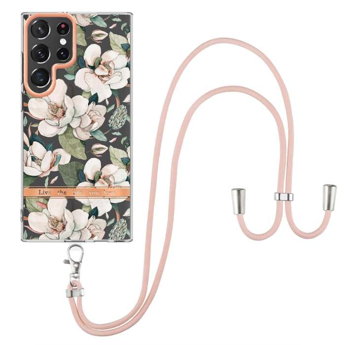 For Samsung Galaxy S22 Ultra 5G Flowers Series TPU Phone Case with Lanyard(Green Gardenia)