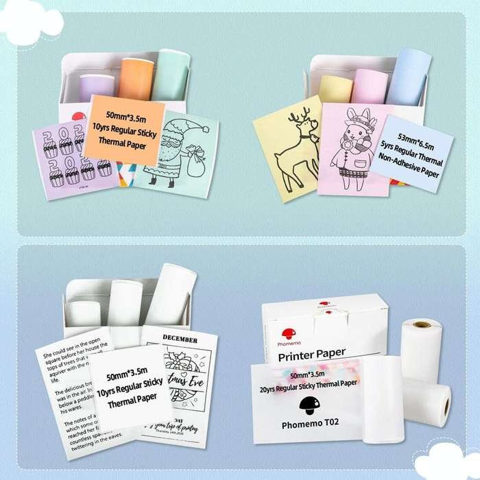 For Phomemo T02 3rolls Bluetooth Printer Thermal Paper Label Paper 50mmx3.5m 2 Years Black on Whi...