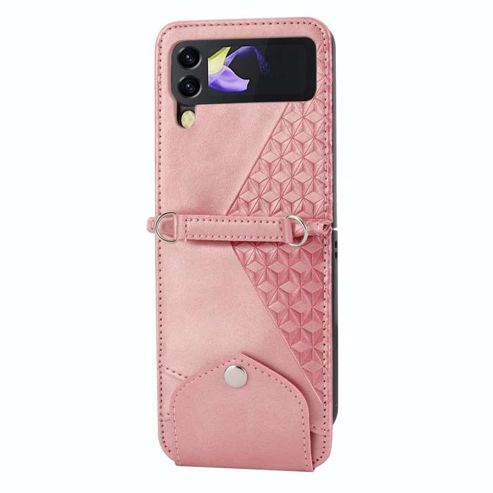 For Samsung Galaxy Z Flip4 Cubic Grid Calf Texture Leather Phone Case with Neck Lanyard(Brown)
