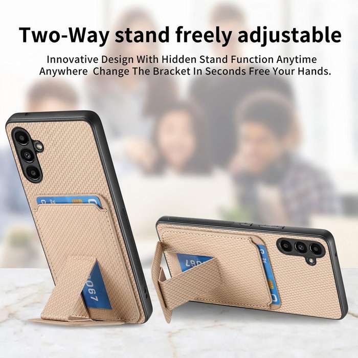 For Samsung Galaxy A73 5G Carbon Fiber Card Bag Fold Stand Phone Case(Khaki)