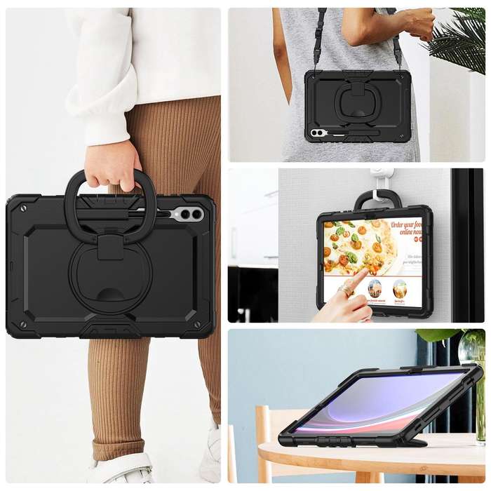 For Samsung Galaxy Tab S9+ D Type Silicone Hybrid PC Tablet Case with Handle Holder(Black)