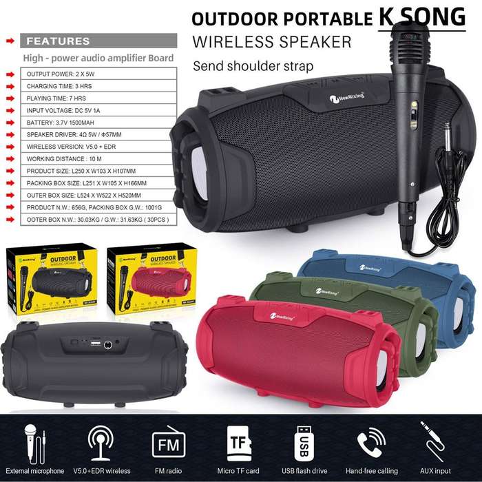 NewRixing NR3026M TWS Outdoor Portable K-song Bluetooth Speaker with Shoulder Strap & Microphone,...
