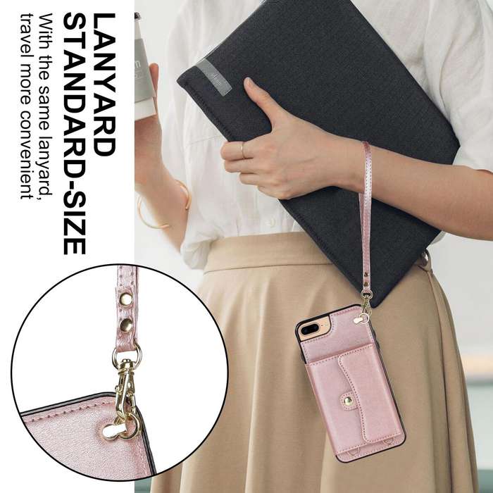For iPhone 8 Plus / 7 Plus RFID Card Slot Phone Case with Long Lanyard(Rose Gold)