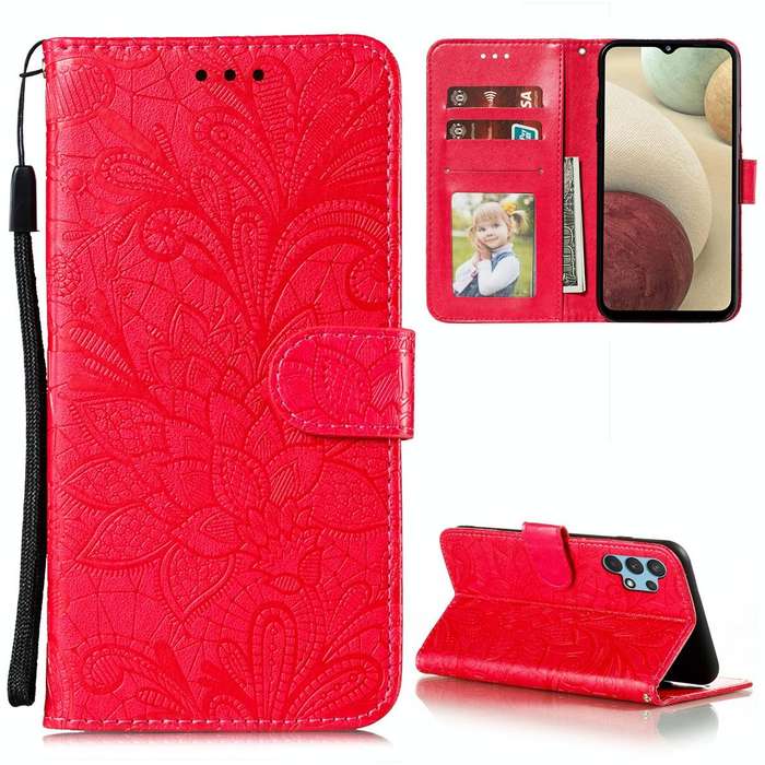 For Samsung Galaxy A32 4G Lace Flower Embossing Pattern Horizontal Flip Leather Case with Holder ...