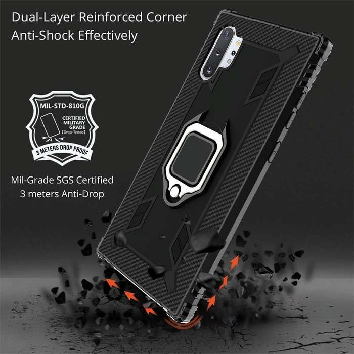 For Galaxy Note 10+ Carbon Fiber Protective Case with 360 Degree Rotating Ring Holder(Black)