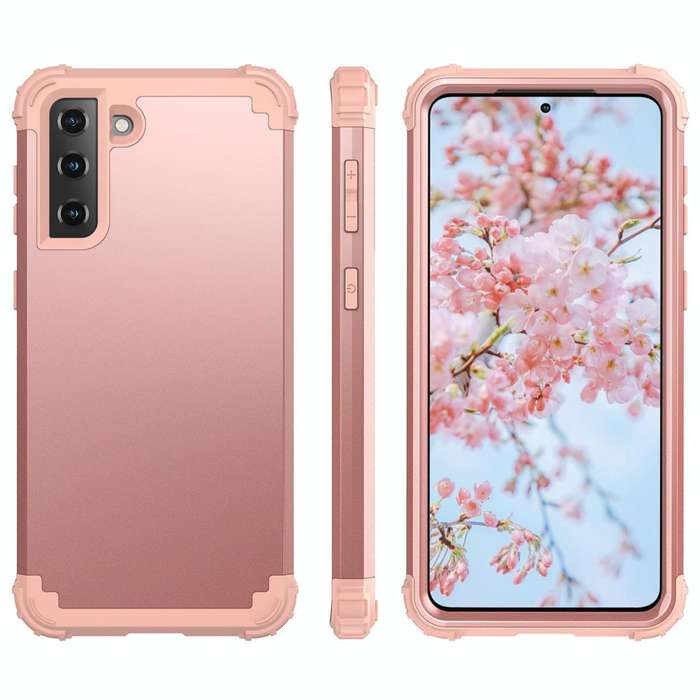 For Samsung Galaxy S21 FE 3 in 1 Shockproof PC + Silicone Protective Case(Rose Gold)