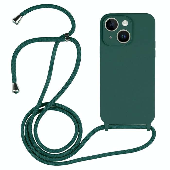 For iPhone 14 Crossbody Lanyard Liquid Silicone Case(Pine Needle Green)