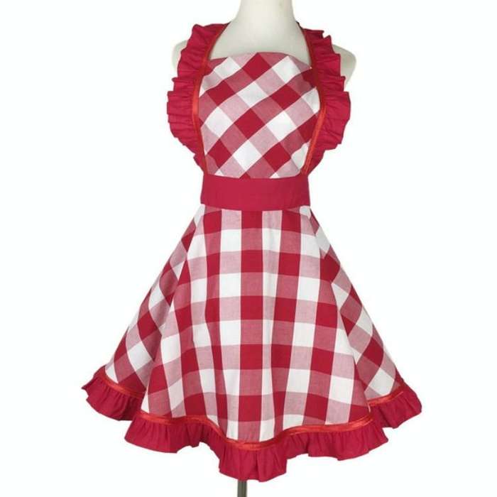 Retro Cotton Big Plaid Big Swing Apron(Red White Grid)