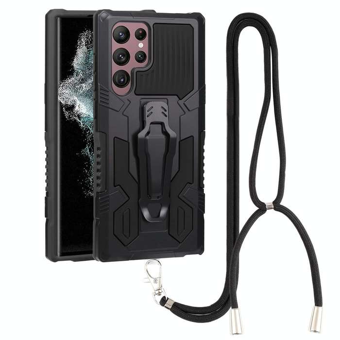 For Samsung Galaxy S22 Ultra 5G Lanyard Mecha Armor Kickstand PC + TPU Phone Case(Black)