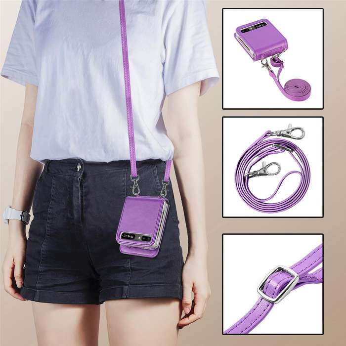 For Samsung Galaxy Z Flip 5G Diagonal Lanyard Embossed Card Phone Case(Purple)