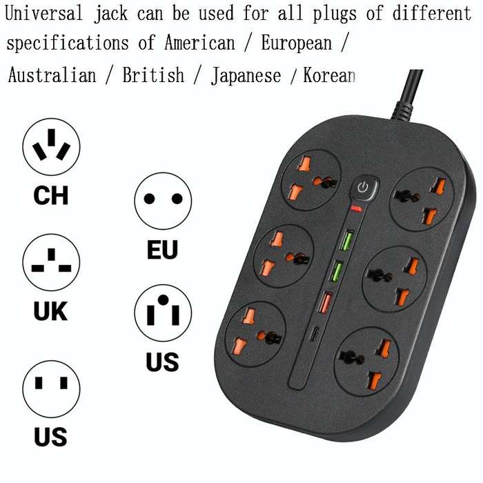 T21 PD3.0 + QC3.0 Multi Hole Row Plug 3000W High Power Socket, US Plug(Black)