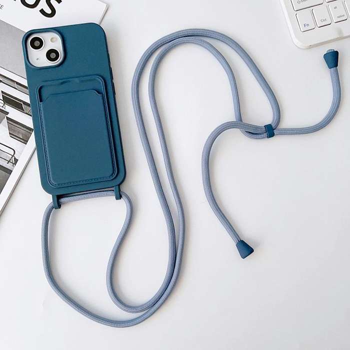For iPhone 13 Pro Crossbody Lanyard Elastic Silicone Card Holder Phone Case(Blue)