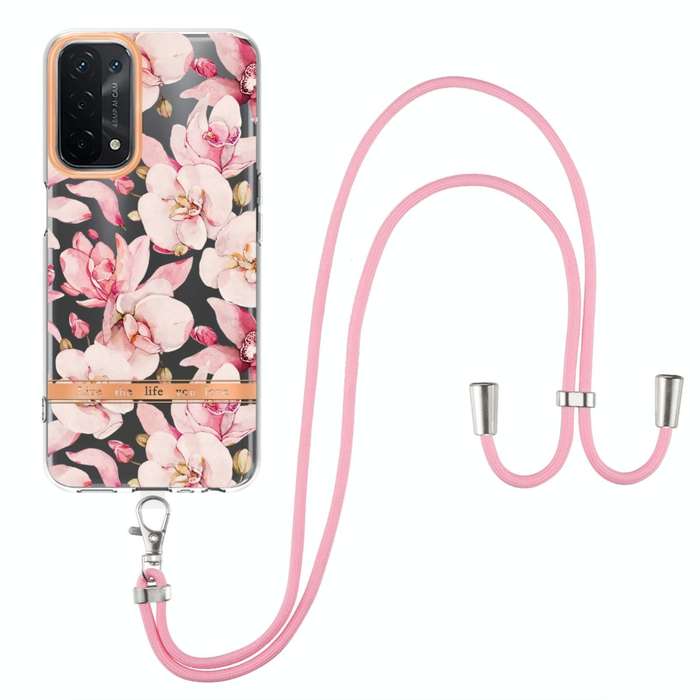 For OPPO A74 5G / A93 5G / A54 5G / A93S 5G Flowers Series TPU Phone Case with Lanyard(Pink Garde...