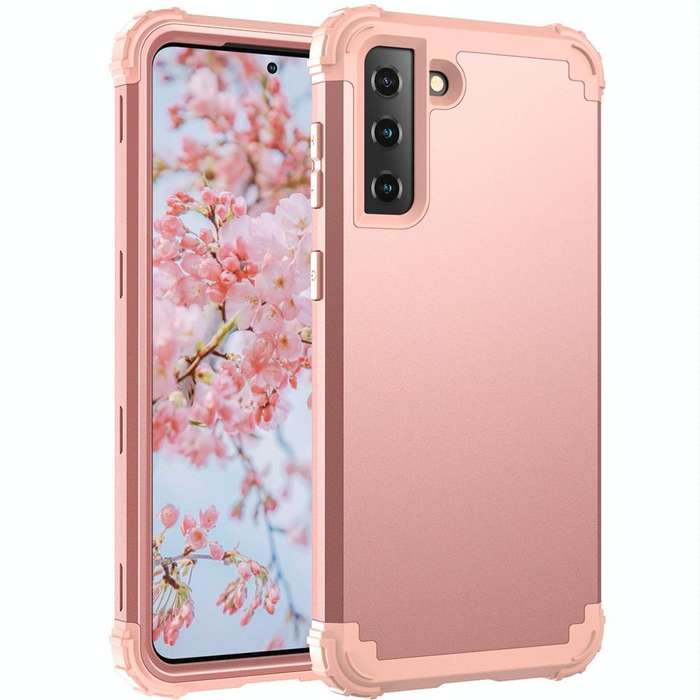 For Samsung Galaxy S21 FE 3 in 1 Shockproof PC + Silicone Protective Case(Rose Gold)