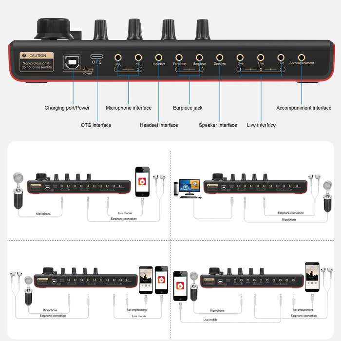 PULUZ Phantom Power OTG Lossless Live Sound Card Recording Sound Mixer, English Version(Black)