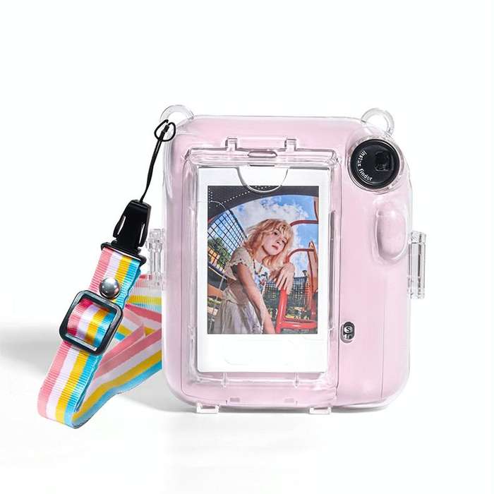 For FUJIFILM instax mini 12 Crystal Hard Acrylic Camera Case with Shoulder Strap(DIY Purple Daisies)