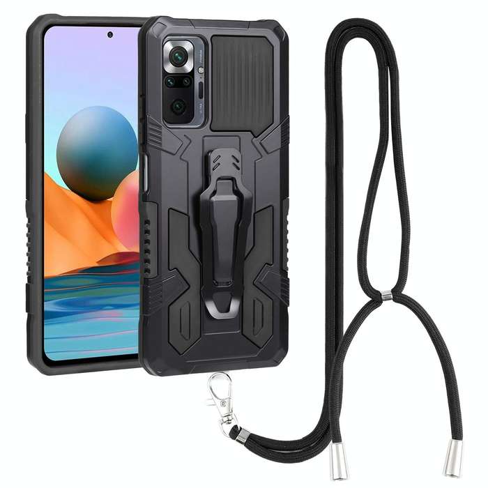 For Xiaomi Redmi Note 11 Pro Global Lanyard Mecha Armor Kickstand PC + TPU Phone Case(Black)