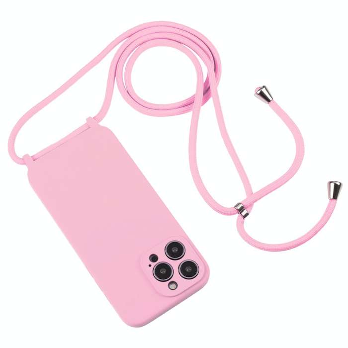 For iPhone 14 Pro Max Crossbody Lanyard Liquid Silicone Case(Pink)