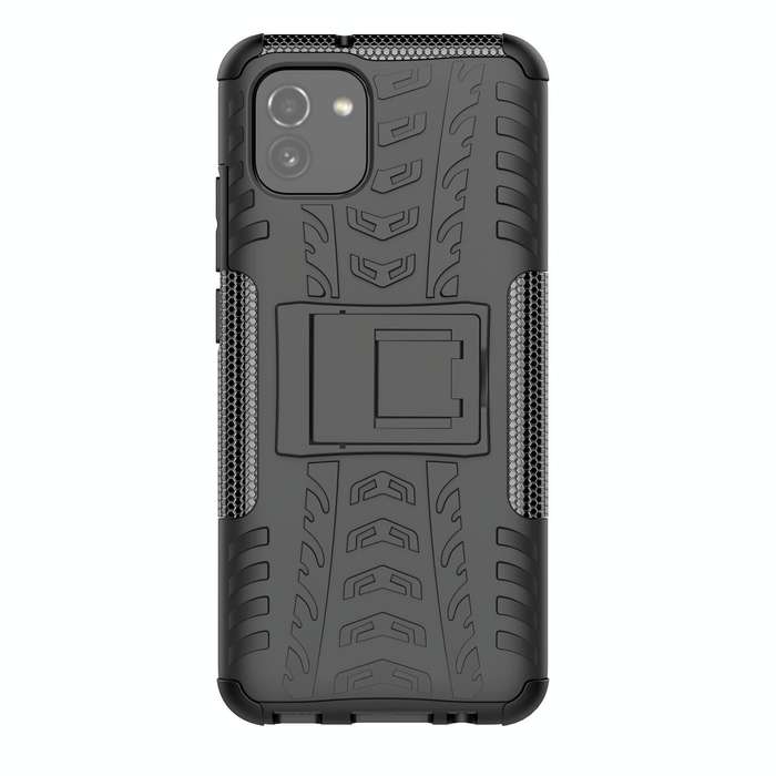 For Samsung Galaxy A03 Global Tire Texture TPU + PC Phone Case with Holder(Black)