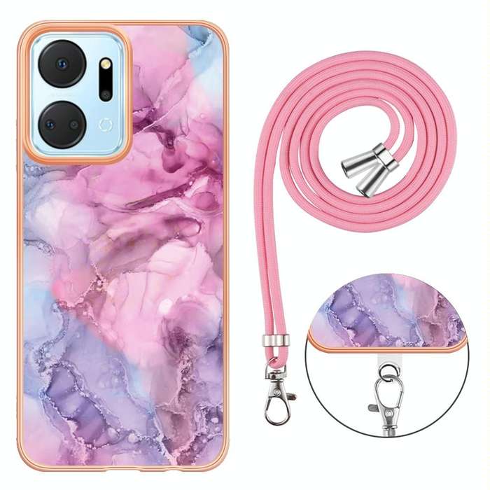 For Honor X7a Electroplating Marble Dual-side IMD Phone Case with Lanyard(Pink 013)