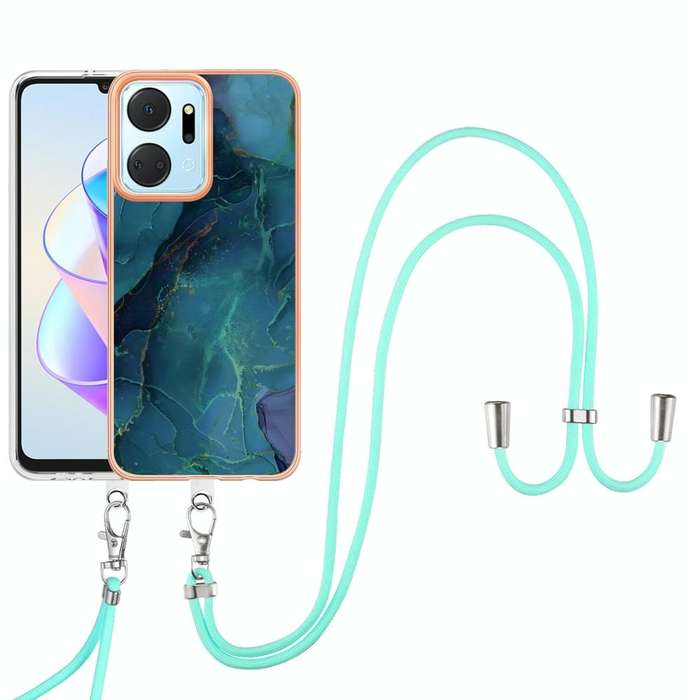 For Honor X7a Electroplating Marble Dual-side IMD Phone Case with Lanyard(Green 017)