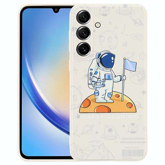 For Samsung Galaxy A34 5G Astronaut Pattern Silicone Straight Edge Phone Case(Planet Landing-White)