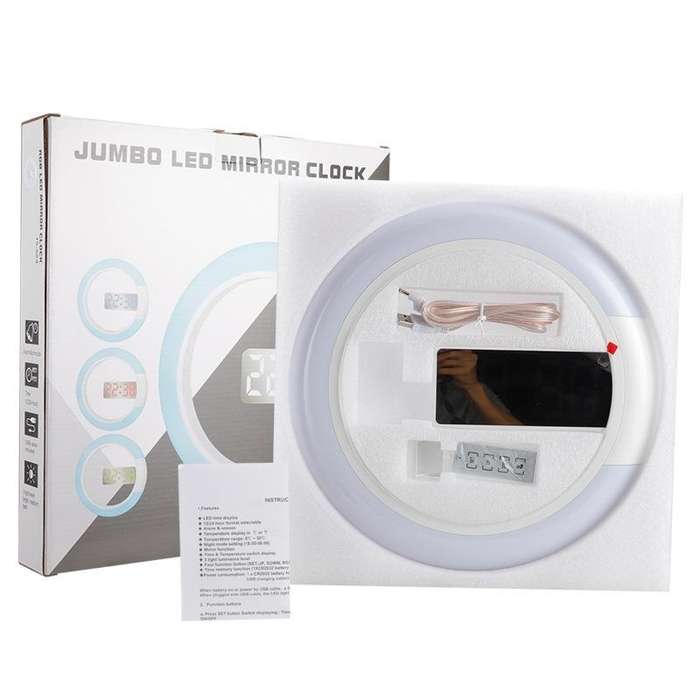 LED Mirror Hollow Wall Clock 7-color Switch Electronic Digital Display Wall Clock(White)