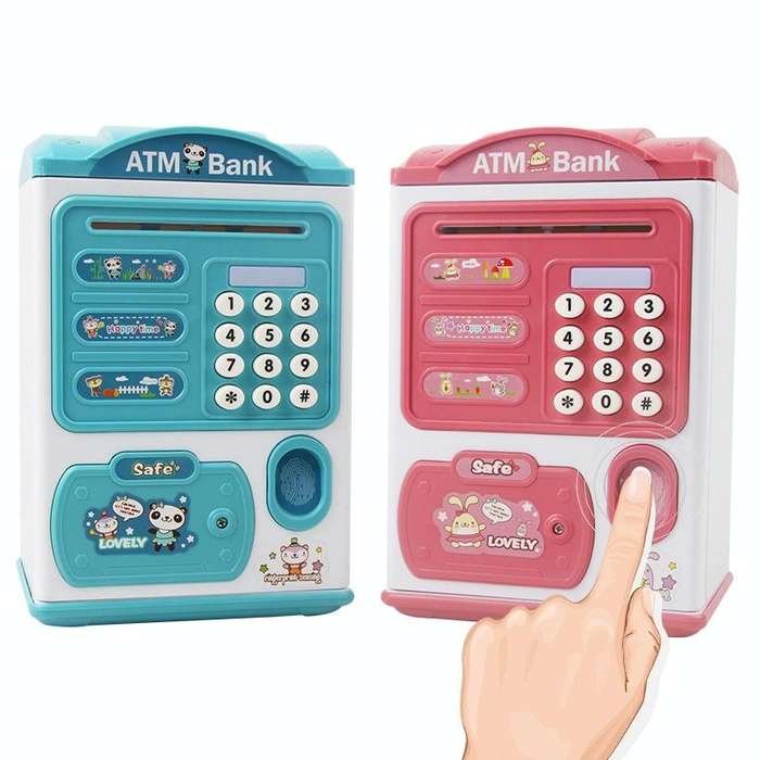 Simulation Password Fingerprint Sensor Unlocking Money Box Automatic Roll Money Safe ATM Piggy Ba...