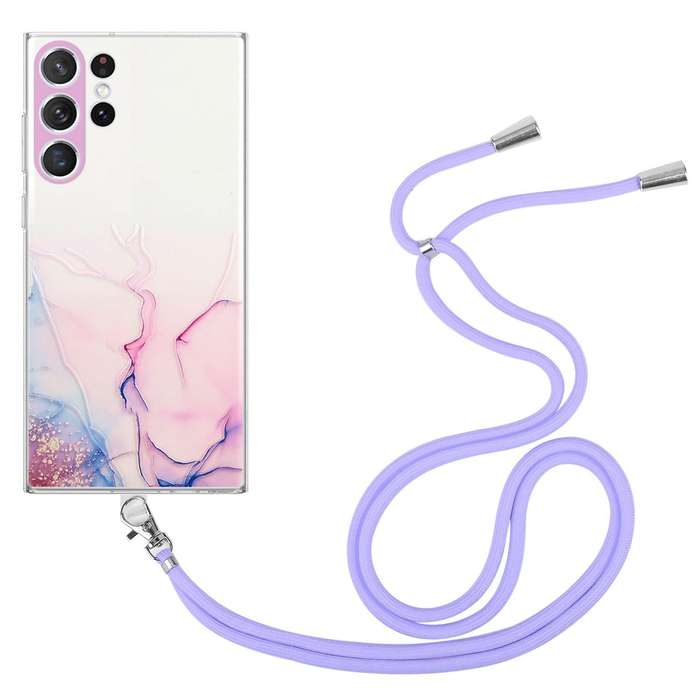 For Samsung Galaxy S23 Ultra 5G Hollow Marble Pattern TPU Shockproof Phone Case with Neck Strap R...