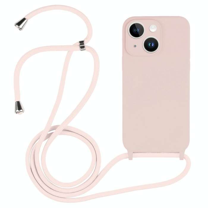 For iPhone 15 Crossbody Lanyard Liquid Silicone Case(Sand Pink)