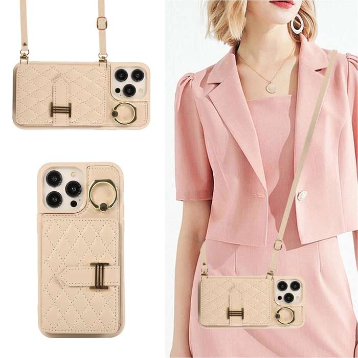 For iPhone 14 Pro Max Horizontal Card Bag Ring Holder Phone Case with Dual Lanyard(Beige)