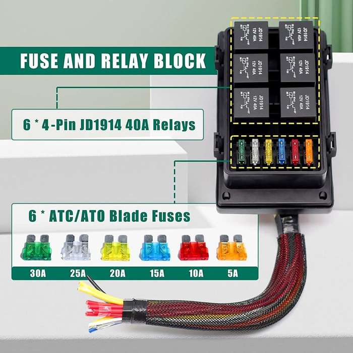 12V 4 Pin Car 6 Slots IP66 Waterproof Relay Fuse Box with Cable
