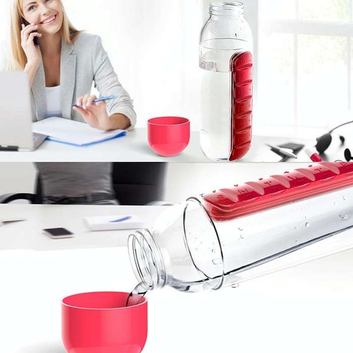 600ML Plastic Water Bottle with Daily Pill Box Organizer Drinking Bottles(Black)