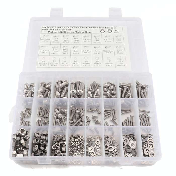 520 PCS 304 Stainless Steel Screws and Nuts Hex Socket Head Cap Screws Gasket Wrench Assortment S...